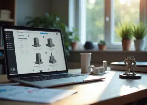 Домашний рабочий стол: ноутбук с листингом 3D‑модели, напечатанные образцы и чеклист качества, демонстрация подготовки моделей к продаже