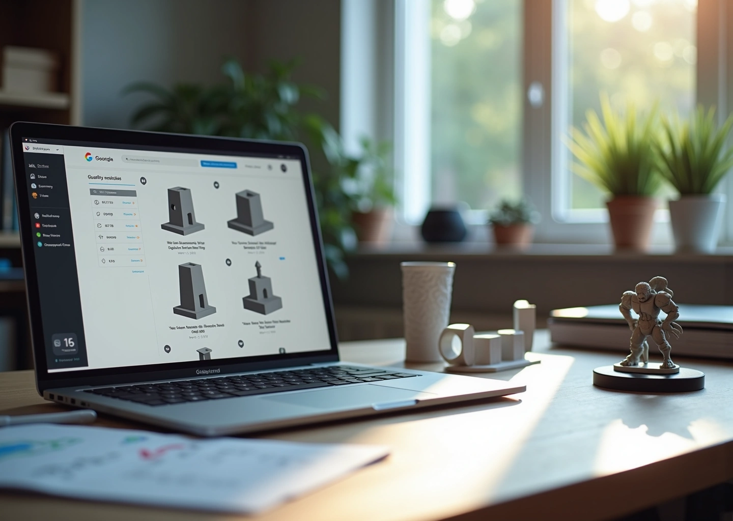 Домашний рабочий стол: ноутбук с листингом 3D‑модели, напечатанные образцы и чеклист качества, демонстрация подготовки моделей к продаже
