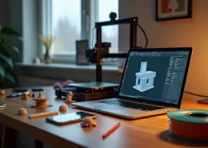 Домашняя мастерская с 3D‑принтером, отпечатанными изделиями, ноутбуком с CAD и упаковкой готовой к продаже