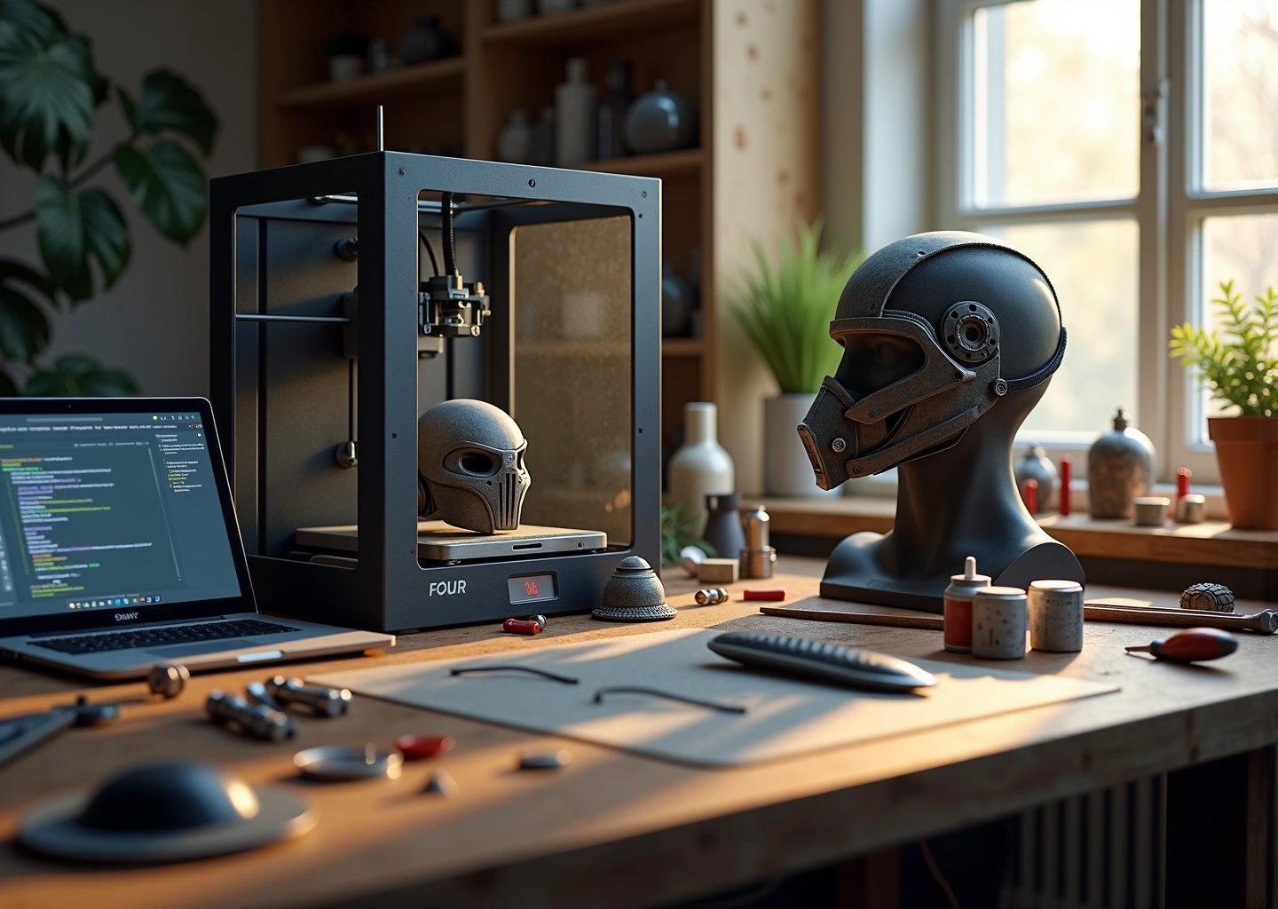 Фотореалистичное изображение мастерской: 3D‑принтер печатает фрагмент шлема, рядом распечатанный меч, собранная броня на манекене, инструменты для шлифовки и покраски, ноутбук с программой слайсинга.