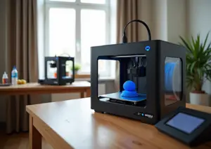 Современная домашняя 3D‑мастерская: FDM‑принтер печатает деталь, рядом катушка филамента и компактный резиновый принтер с инструментами для постобработки