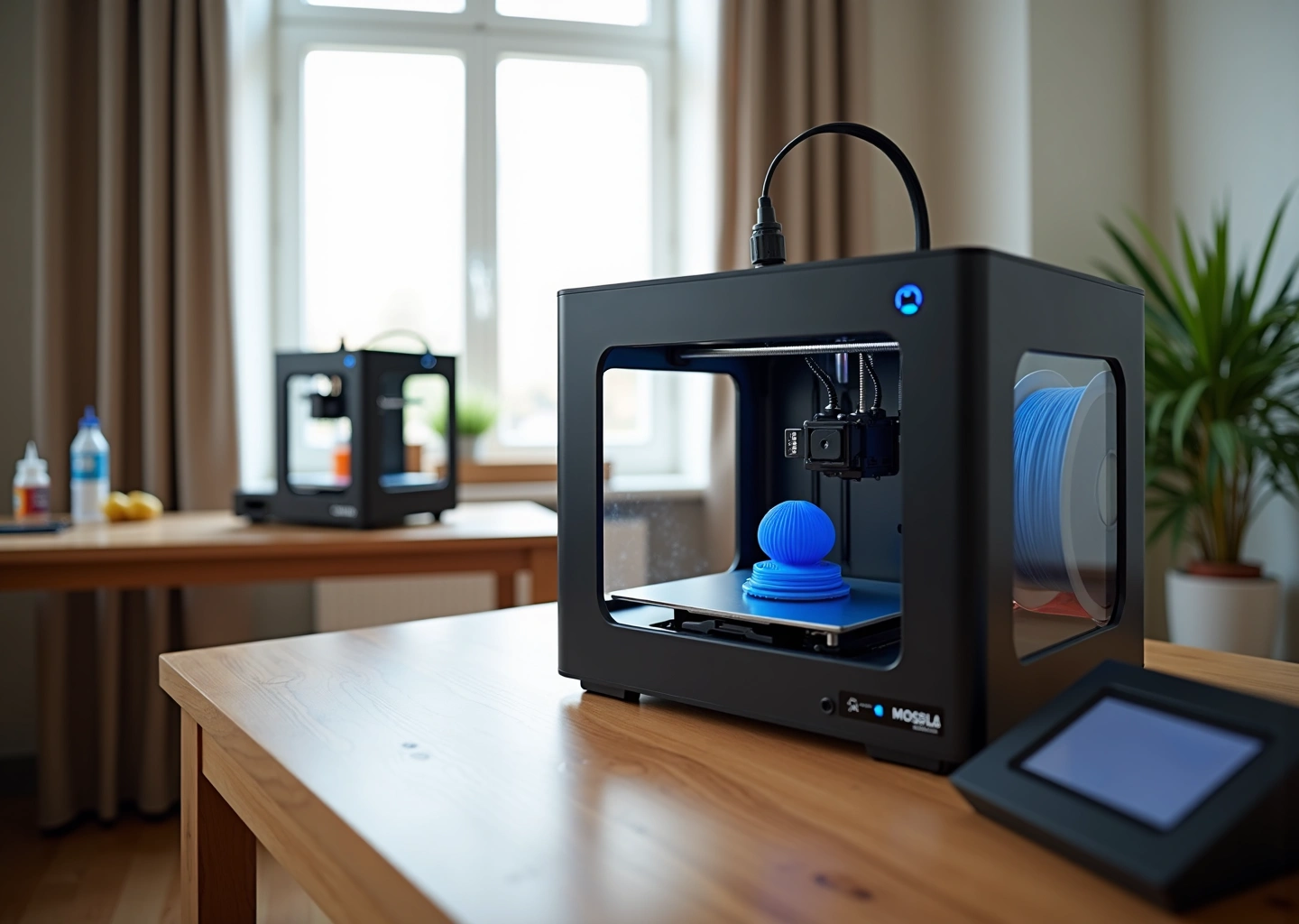 Современная домашняя 3D‑мастерская: FDM‑принтер печатает деталь, рядом катушка филамента и компактный резиновый принтер с инструментами для постобработки