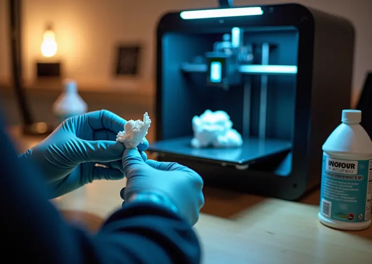 Настольный фотополимерный 3D-принтер в домашней мастерской, отпечаток в нитриловых перчатках, бутылка смолы, моечная станция и УФ-лампа на рабочем столе