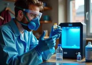 Человек в нитриловых перчатках, защитных очках и полумаске держит отверждённую 3D‑деталь на аккуратном рабочем столе с бутылкой фотополимерной смолы, УФ‑станцией и ёмкостью для использованного изопропанола.