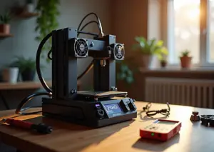 Открытый блок управления 3D‑принтера с установленными тихими TMC драйверами, низкошумные вентиляторы и инструменты на рабочем столе