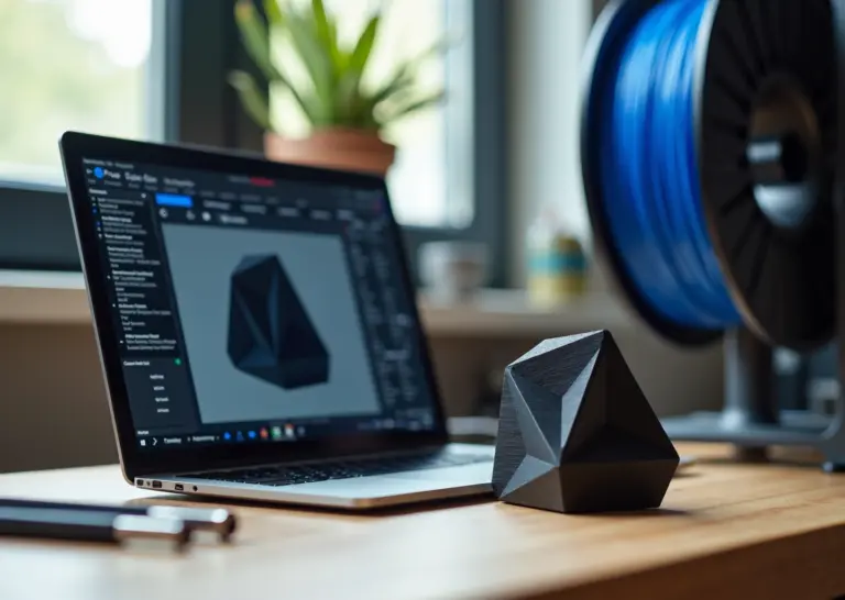 Домашний 3D‑принтер печатает деталь на высокой скорости, на экране рядом открыт слайсер со значениями скорости и ускорения