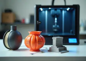 Катушки PLA и PETG, напечатанные образцы и настольный 3D‑принтер на фоновой рабочей поверхности