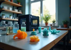 Домашняя мастерская для SLA 3D‑печати: принтер, ванночки с IPA и водой, UV‑станция и располагавшиеся детали в разных стадиях постобработки