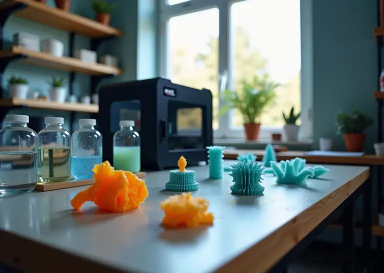 Домашняя мастерская для SLA 3D‑печати: принтер, ванночки с IPA и водой, UV‑станция и располагавшиеся детали в разных стадиях постобработки