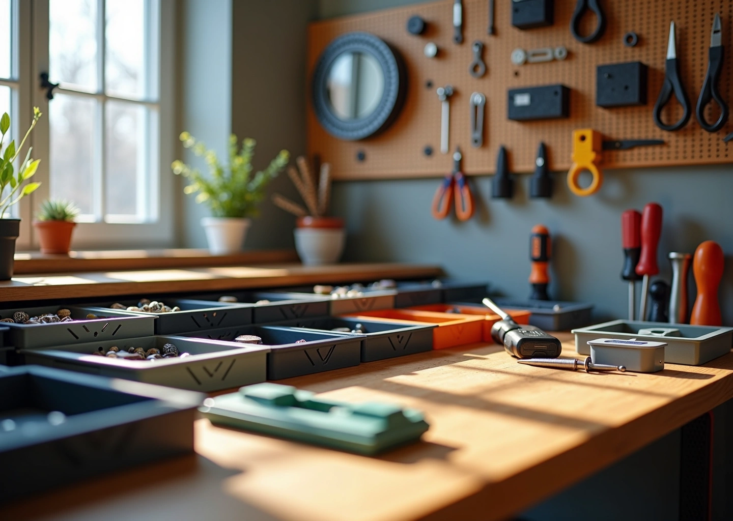 Фотореалистичное изображение рабочей поверхности с 3D‑напечатанными органайзерами: настенные панели, лотки для мелочи, держатели отвёрток и кабельные клипсы, собранные и размещённые в домашней мастерской.