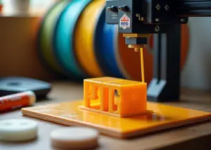 Современный настольный FDM 3D‑принтер печатает глянцевую PETG деталь на нагретом столе, рядом катушки PETG и напечатанные бытовые изделия на деревянном столе.