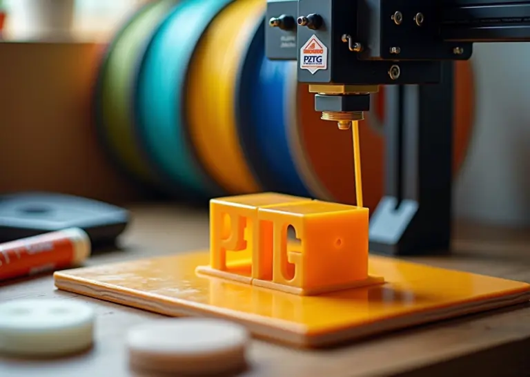 Современный настольный FDM 3D‑принтер печатает глянцевую PETG деталь на нагретом столе, рядом катушки PETG и напечатанные бытовые изделия на деревянном столе.