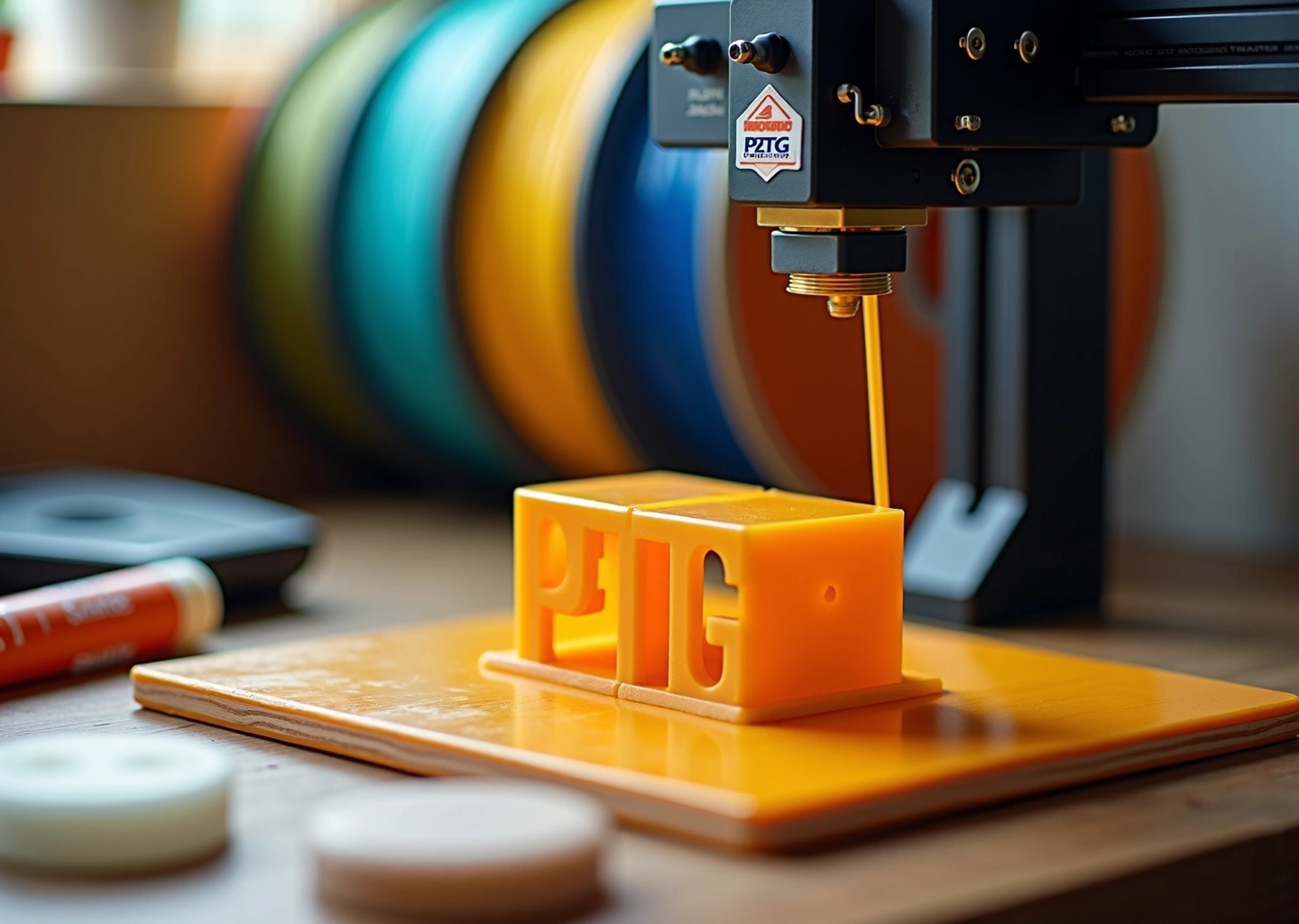 Современный настольный FDM 3D‑принтер печатает глянцевую PETG деталь на нагретом столе, рядом катушки PETG и напечатанные бытовые изделия на деревянном столе.