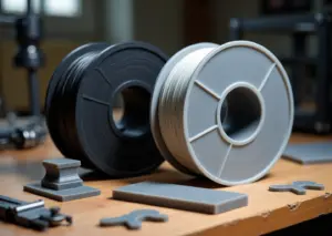 Два мотка композитного филамента (чёрный углеродный и светло-серый стекловолокно) рядом с напечатанными образцами и 3D‑принтером на заднем плане