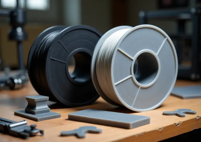 Два мотка композитного филамента (чёрный углеродный и светло-серый стекловолокно) рядом с напечатанными образцами и 3D‑принтером на заднем плане