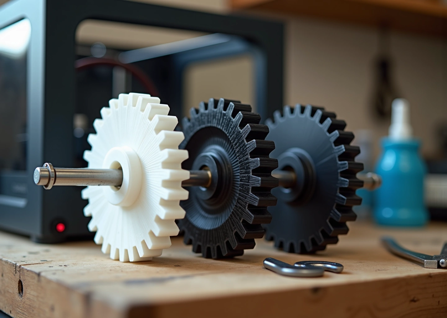 Крупный план 3D‑напечатанных шестерёнок из PLA, PETG и армированных нитей, собранных на валах на рабочем столе рядом с 3D‑принтером и инструментами