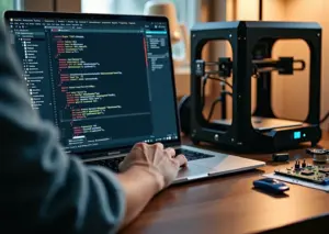 Человек обновляет прошивку Marlin на ноутбуке рядом с открытой платой 3D‑принтера, на экране виден VSCode и файлы Configuration.h