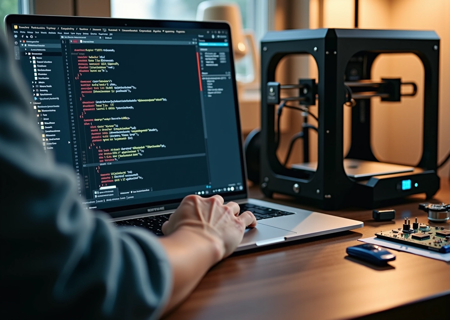 Человек обновляет прошивку Marlin на ноутбуке рядом с открытой платой 3D‑принтера, на экране виден VSCode и файлы Configuration.h