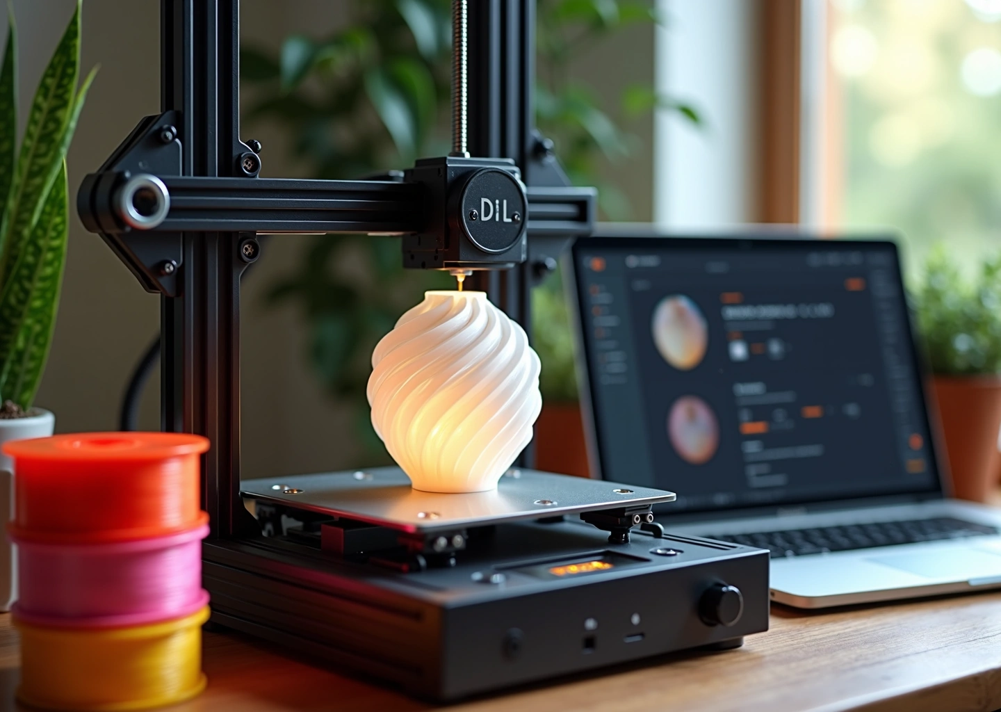 Фотография процесса 3D‑печати в режиме «вазы»: полупрозрачная спиральная ваза на столе рядом с катушками филамента и ноутбуком с настройками слайсера