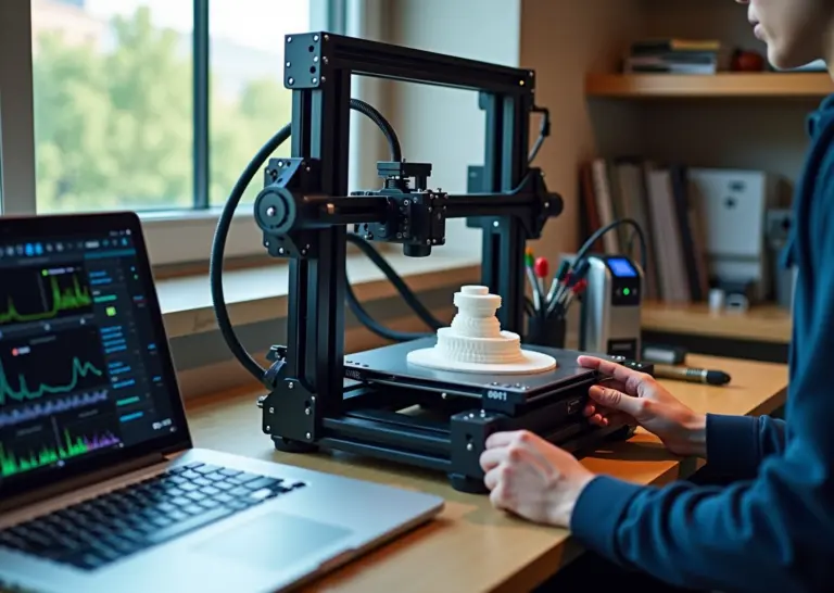 Домашний 3D‑принтер печатает деталь с видимым эффектом «волана», рядом инструменты, ноутбук с графиками для настройки и руки мастера подтягивают ремень