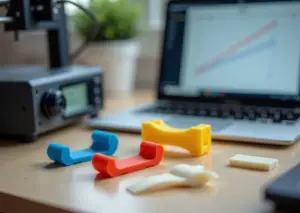Домашняя мастерская с 3D‑принтером, напечатанными образцами и простым устройством для испытаний прочности на растяжение рядом с ноутбуком, показывающим график напряжение‑деформация