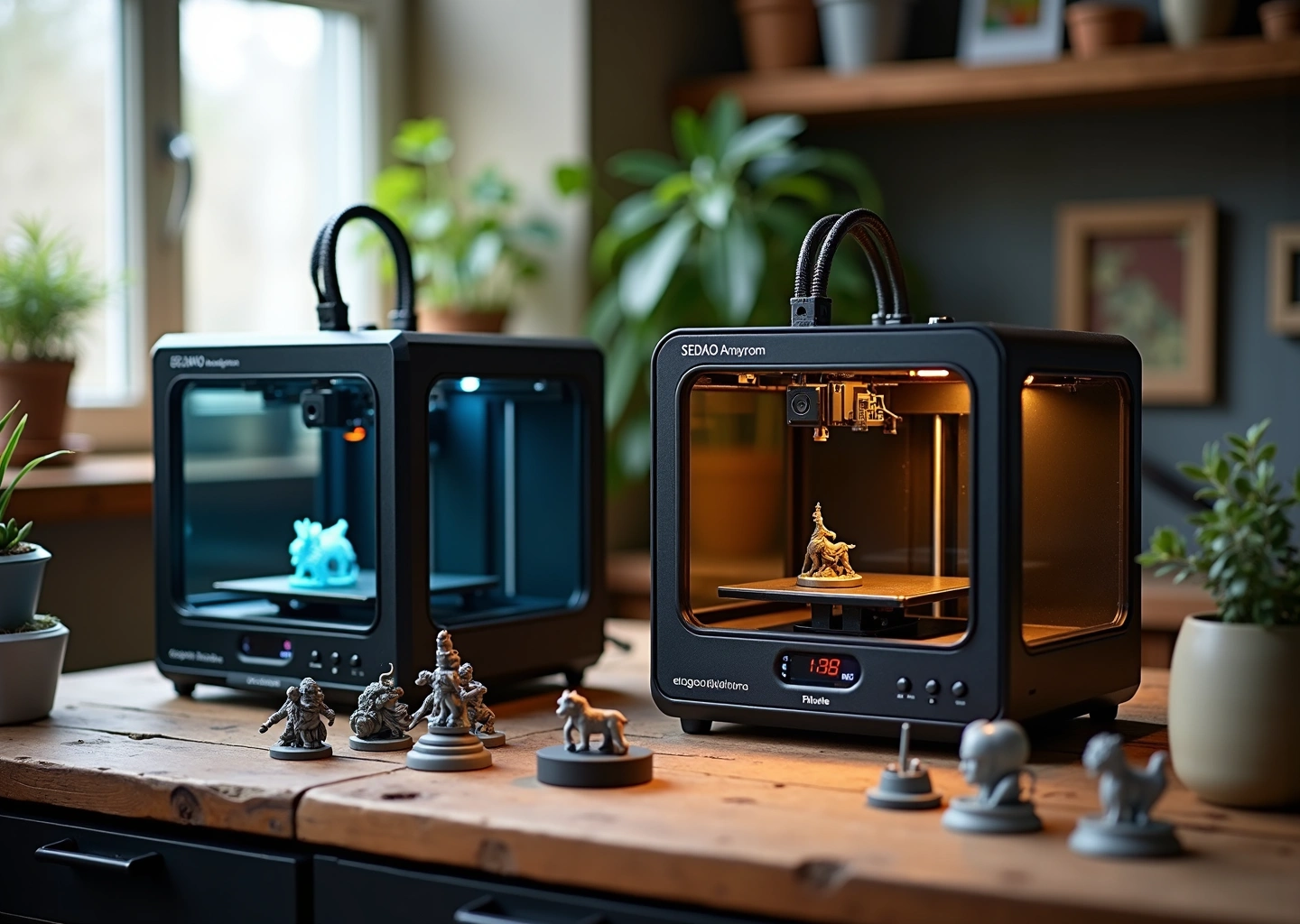 Фотография двух 14K фотополимерных 3D-принтеров Elegoo Saturn 4 Ultra и Anycubic Photon Mono M7 Pro на рабочем столе с напечатанными миниатюрами и станцией для промывки и отверждения