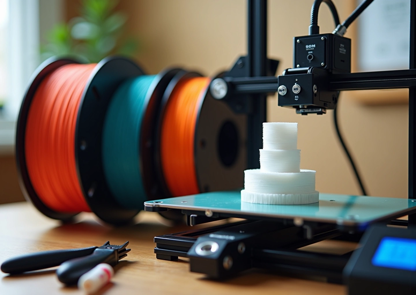Фотография рабочего стола домашнего 3D‑принтера с катушками TPU и TPE, печатающим гибкий чехол и калибровочной башней