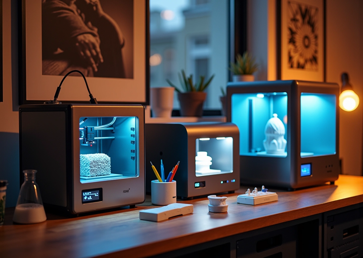 Домашняя мастерская с разными типами 3D‑принтеров и образцами печатных изделий, инструменты постобработки на столе