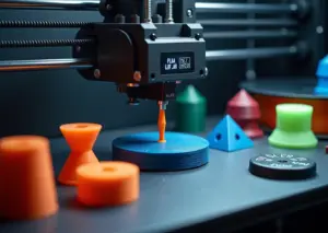 Домашний FDM 3D‑принтер печатает прочную деталь, рядом катушки PLA, PETG, ABS и тестовые образцы с мерительным инструментом