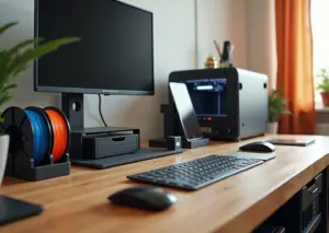 Фотореалистичное изображение рабочего стола с разнообразными 3D‑печатными гаджетами: подставка для телефона, держатель наушников, клипсы для кабелей, органайзер для ручек, подставка для монитора; на заднем плане размытый FDM‑принтер и катушки филамента.