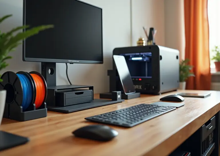Фотореалистичное изображение рабочего стола с разнообразными 3D‑печатными гаджетами: подставка для телефона, держатель наушников, клипсы для кабелей, органайзер для ручек, подставка для монитора; на заднем плане размытый FDM‑принтер и катушки филамента.