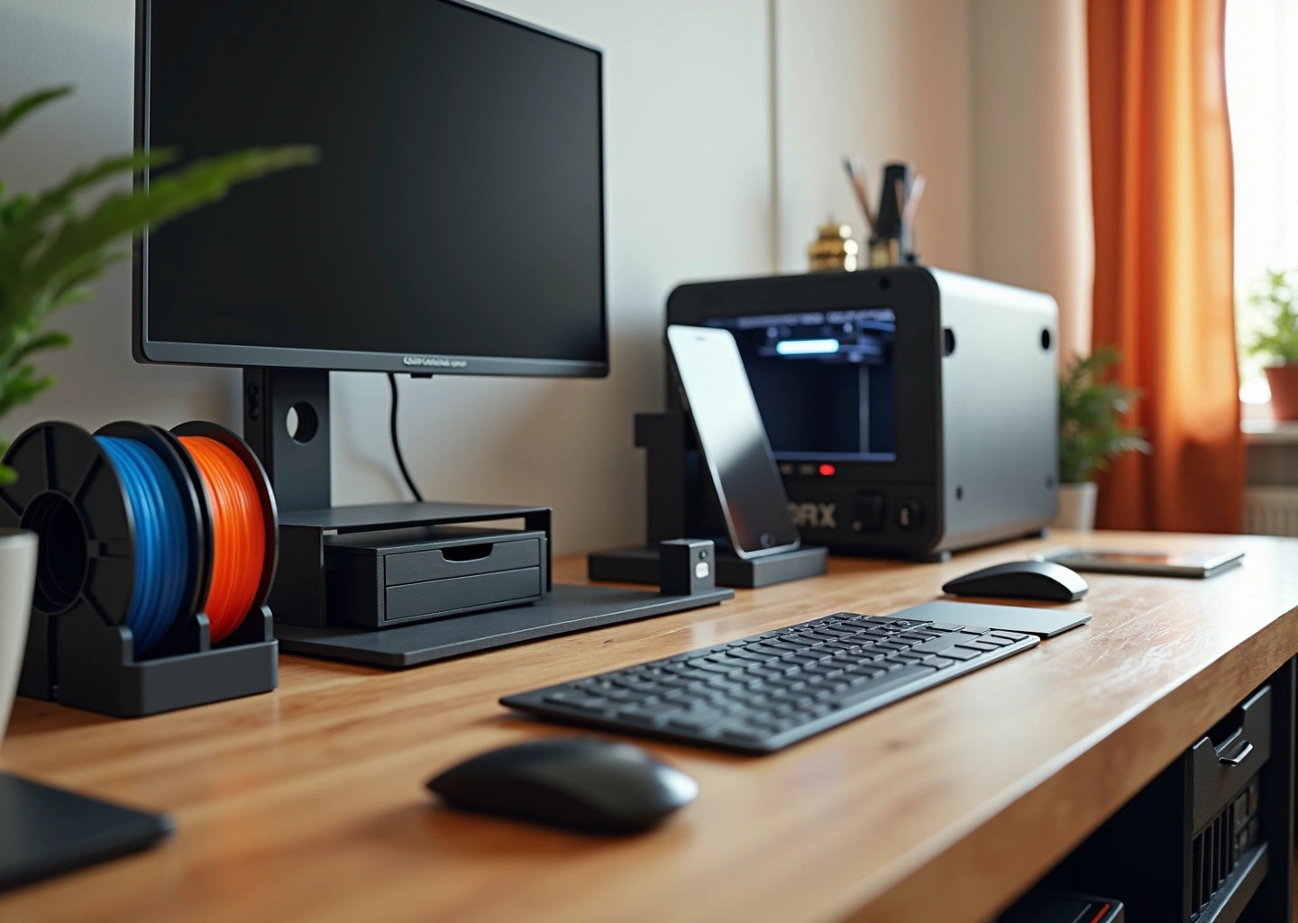 Фотореалистичное изображение рабочего стола с разнообразными 3D‑печатными гаджетами: подставка для телефона, держатель наушников, клипсы для кабелей, органайзер для ручек, подставка для монитора; на заднем плане размытый FDM‑принтер и катушки филамента.