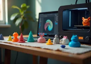 Рабочий стол домашнего 3D‑мастера: принтер с моделью и поддержками, ноутбук с окном слайсера и инструменты для удаления поддержек