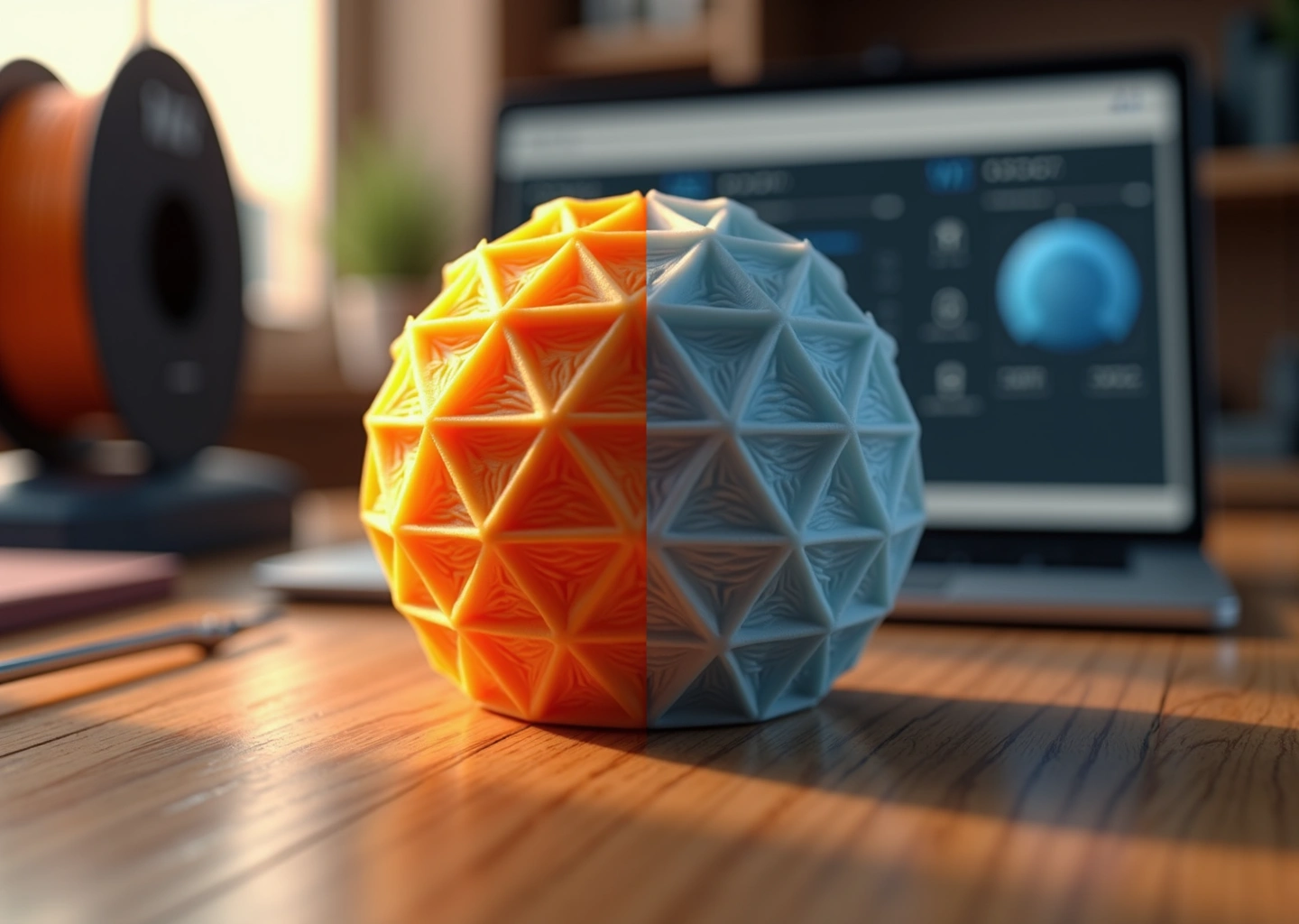 Крупный план 3D‑печатной детали с левой стороны заметные слои, с правой — идеально заглаженный блестящий верх, на фоне FDM‑принтер и экран с настройками глажки