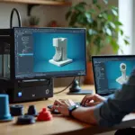 Домашняя рабочая зона 3D‑печатника: принтер с напечатанным объектом, ноутбук с превью 3D‑модели, катушки филамента и распечатки на столе