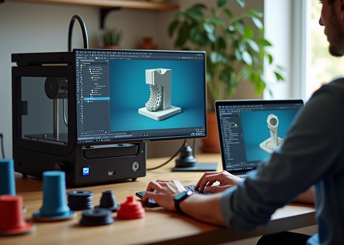 Домашняя рабочая зона 3D‑печатника: принтер с напечатанным объектом, ноутбук с превью 3D‑модели, катушки филамента и распечатки на столе