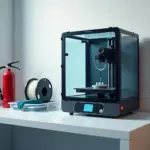Домашняя мастерская с работающим 3D‑принтером в защитном корпусе, огнетушителем, перчатками и очистителем воздуха на заднем плане