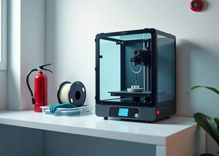 Домашняя мастерская с работающим 3D‑принтером в защитном корпусе, огнетушителем, перчатками и очистителем воздуха на заднем плане