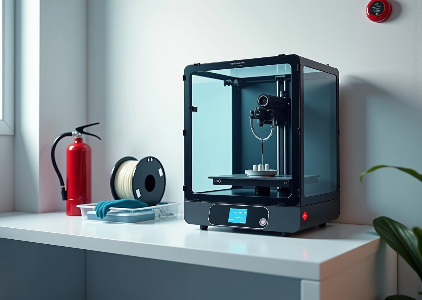 Домашняя мастерская с работающим 3D‑принтером в защитном корпусе, огнетушителем, перчатками и очистителем воздуха на заднем плане