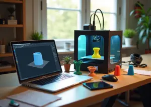 Домашняя мастерская с ноутбуком, показывающим STL‑сетку в Blender/MeshLab, и работающим 3D‑принтером на заднем плане