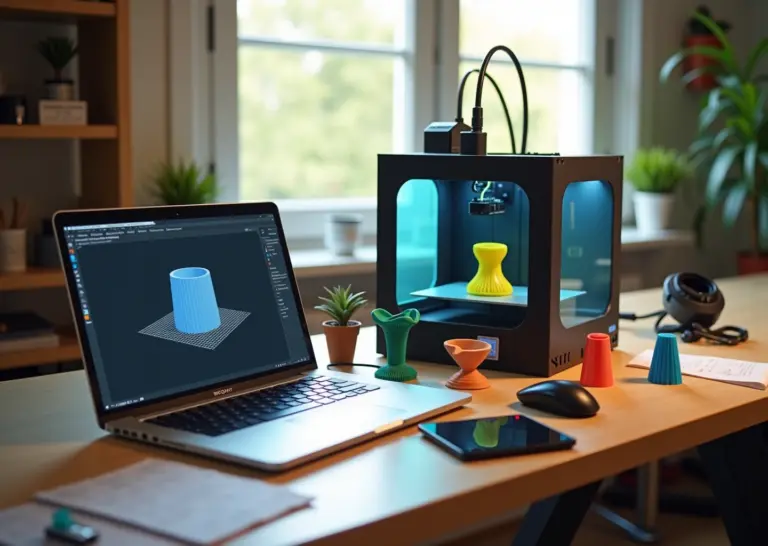 Домашняя мастерская с ноутбуком, показывающим STL‑сетку в Blender/MeshLab, и работающим 3D‑принтером на заднем плане
