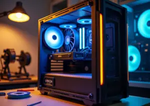 Открытый корпус ПК с установленными 3D‑печатными панелями и инструментами на столе, на фоне видны FDM и MSLA принтеры, катушки филамента и латунные вставки