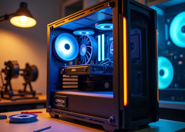 Открытый корпус ПК с установленными 3D‑печатными панелями и инструментами на столе, на фоне видны FDM и MSLA принтеры, катушки филамента и латунные вставки