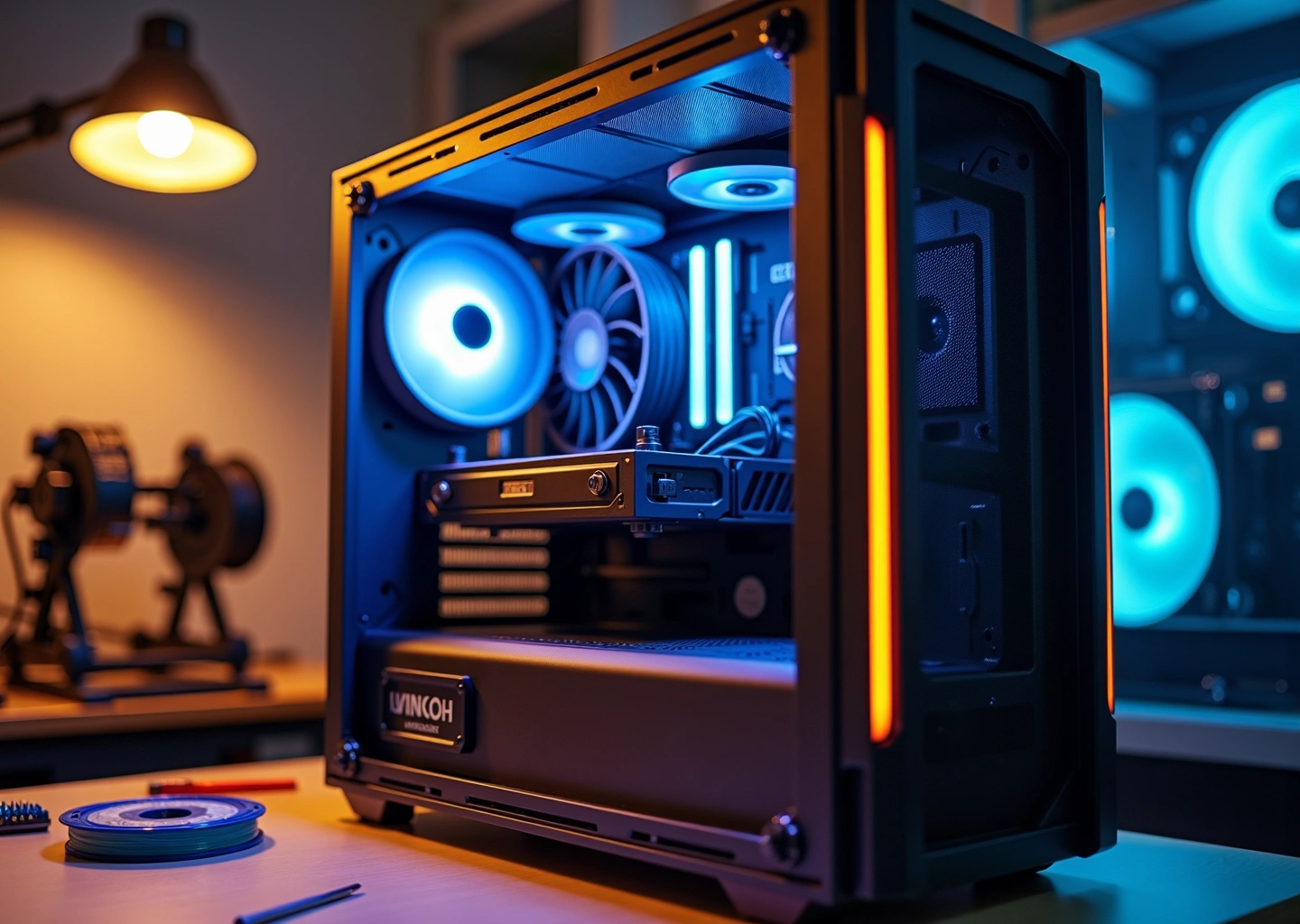 Открытый корпус ПК с установленными 3D‑печатными панелями и инструментами на столе, на фоне видны FDM и MSLA принтеры, катушки филамента и латунные вставки