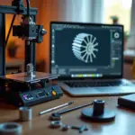 Рабочее место домашнего 3D‑мастера: принтер, напечатанные функциональные детали, ноутбук с репозиторием моделей, филамент и измерительный инструмент