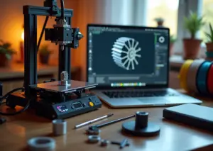 Рабочее место домашнего 3D‑мастера: принтер, напечатанные функциональные детали, ноутбук с репозиторием моделей, филамент и измерительный инструмент