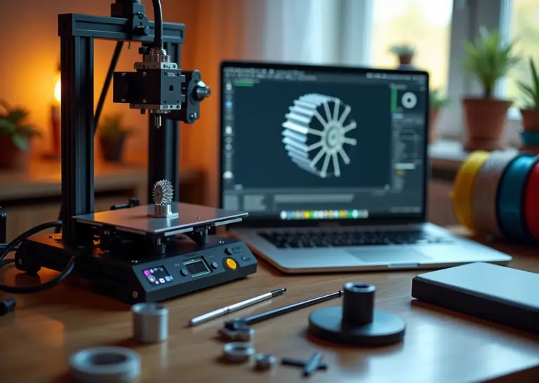 Рабочее место домашнего 3D‑мастера: принтер, напечатанные функциональные детали, ноутбук с репозиторием моделей, филамент и измерительный инструмент