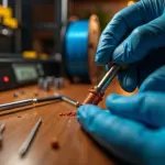 Крупный план экструдера 3D‑принтера с подаваемой нитью, инструментами для прочистки и открытой катушкой филамента на фоне домашней мастерской