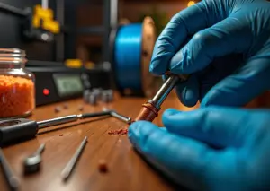 Крупный план экструдера 3D‑принтера с подаваемой нитью, инструментами для прочистки и открытой катушкой филамента на фоне домашней мастерской