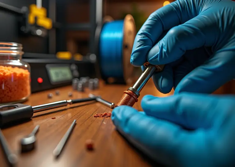 Крупный план экструдера 3D‑принтера с подаваемой нитью, инструментами для прочистки и открытой катушкой филамента на фоне домашней мастерской